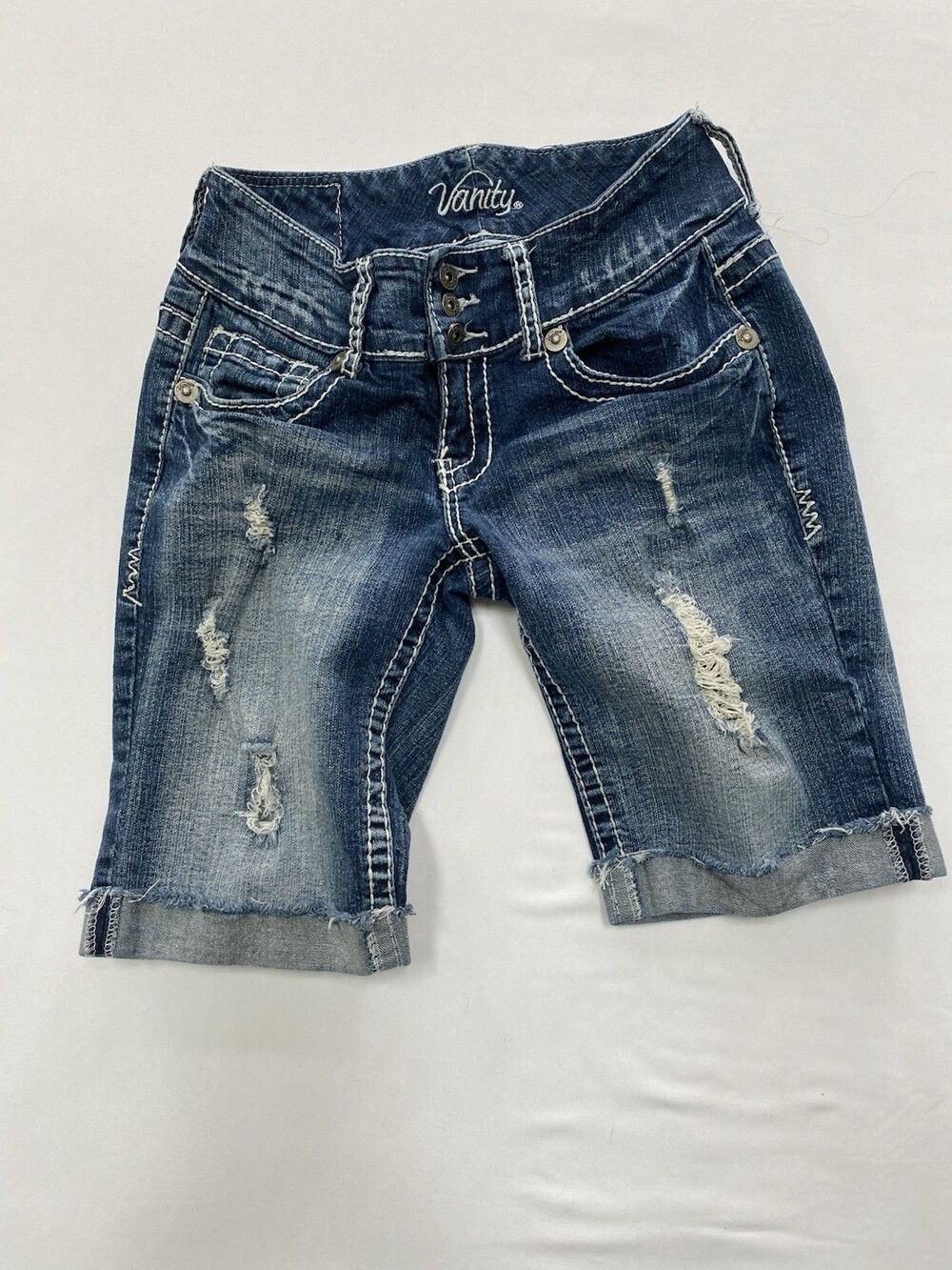 Vanity Sasha Distressed Bermuda Jean Shorts Women’s 27 Y2K Thicked Stitching